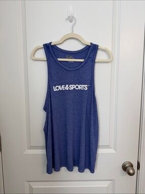 Love & Sports Blue Racerback Athletic Tank Top Logo Size Large